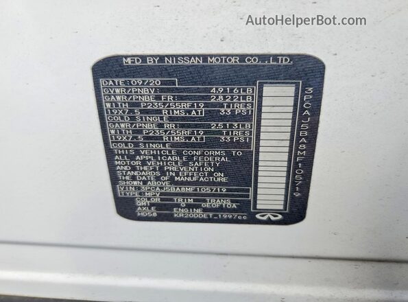 3PCAJ5BA8MF105719 2022 INFINITI QX50 Белый Вид наклейки с VIN-кодом