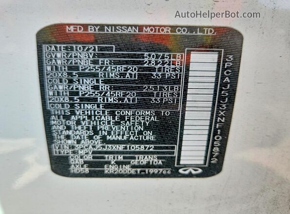3PCAJ5J3XNF105872 2022 INFINITI QX55 White Widok komory silnika
