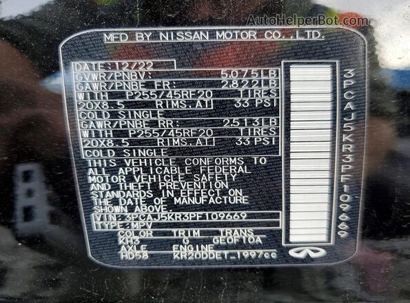 3PCAJ5KR3PF109669 2023 INFINITI QX55 Black Vista de la etiqueta del VIN