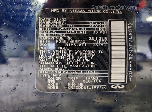 3PCAJ5L37NF111061 2022 INFINITI QX55 Blue Vista de la etiqueta del VIN