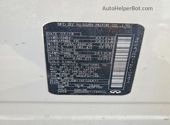 3PCAJ5M11KF105877 2019 INFINITI QX50 White VIN sticker view
