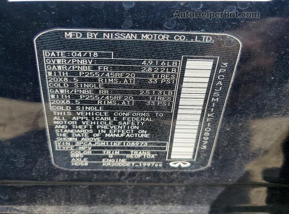 3PCAJ5M11KF108973 2019 INFINITI QX50 Blue VIN კოდის სტიკერის ხედი