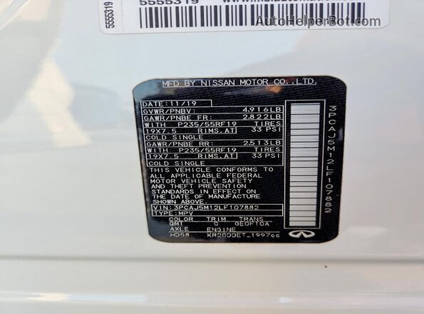 3PCAJ5M12LF107882 2020 INFINITI QX50 White VIN კოდის სტიკერის ხედი
