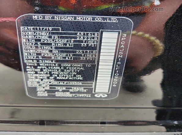 3PCAJ5M16LF109506 2020 INFINITI QX50 Black VIN კოდის სტიკერის ხედი