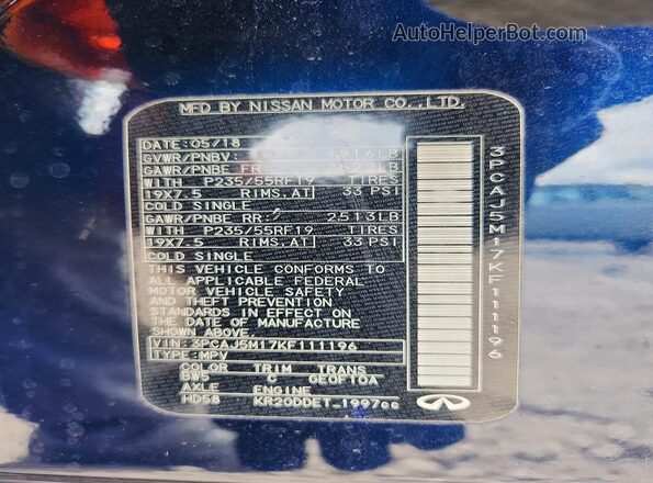 3PCAJ5M17KF111196 2019 INFINITI QX50 Blue VIN კოდის სტიკერის ხედი