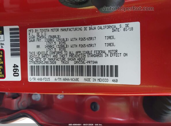 3TMBZ5DN3JM013020 2018 TOYOTA TACOMA Orange Vista del compartimento del motor