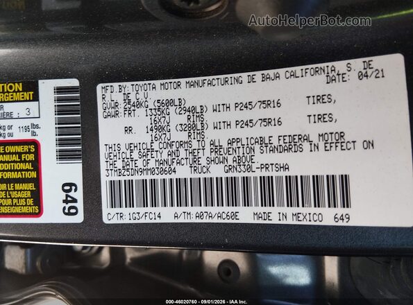 3TMBZ5DN9MM030604 2021 TOYOTA TACOMA Серый Вид подкапотного пространства