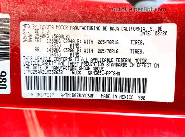 3TMCZ5AN2LM332632 2020 TOYOTA TACOMA Red Vista del compartimento del motor