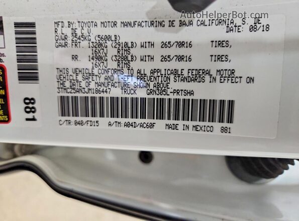 3TMCZ5AN3JM186447 2018 TOYOTA TACOMA White Вид наклейки з VIN-кодом