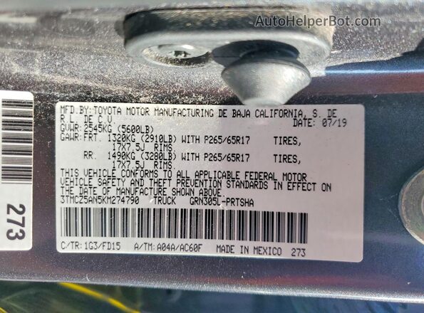 3TMCZ5AN5KM274790 2019 TOYOTA TACOMA Gray Вид наклейки з VIN-кодом