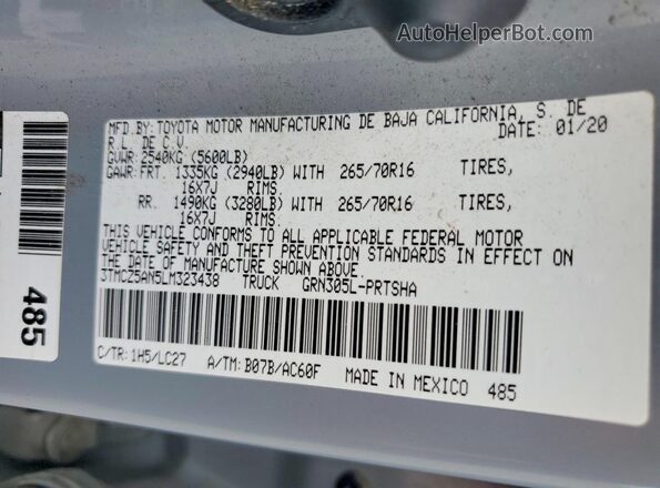 3TMCZ5AN5LM323438 2020 TOYOTA TACOMA Silver Vista de la etiqueta del VIN