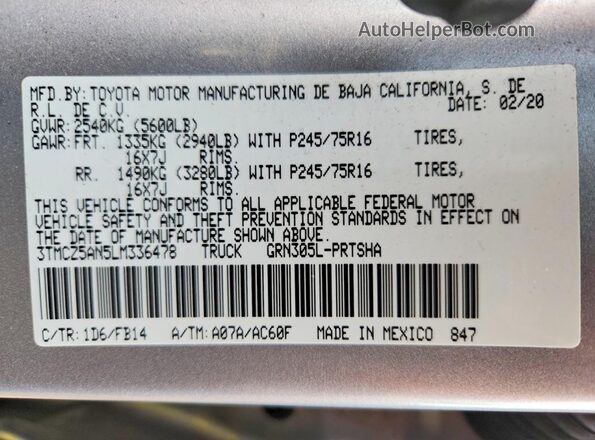 3TMCZ5AN5LM336478 2020 TOYOTA TACOMA Silver Вид підкапотного простору