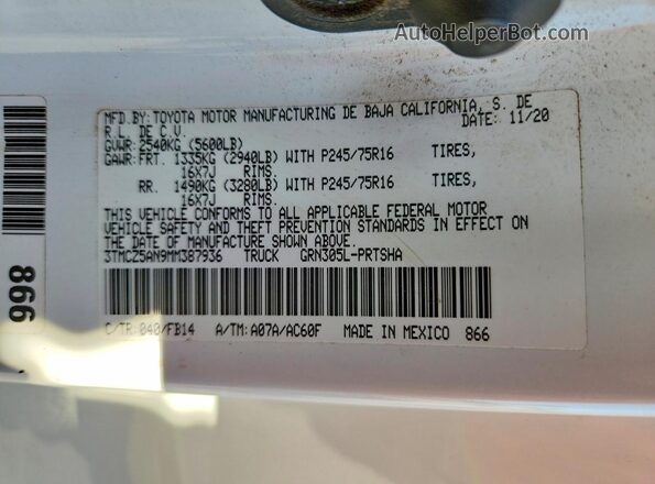 3TMCZ5AN9MM387936 2021 TOYOTA TACOMA Белый Вид подкапотного пространства
