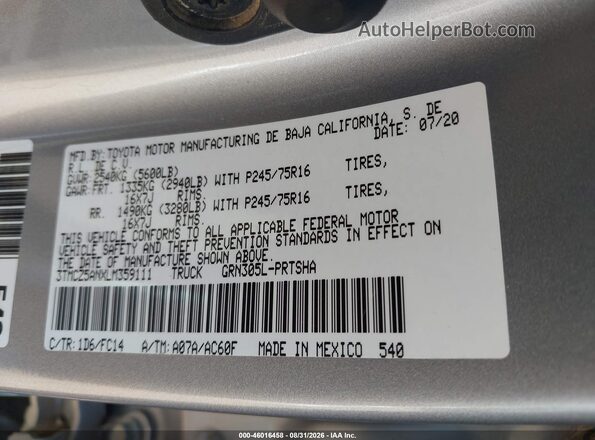 3TMCZ5ANXLM359111 2020 TOYOTA TACOMA Silver Vista del compartimento del motor