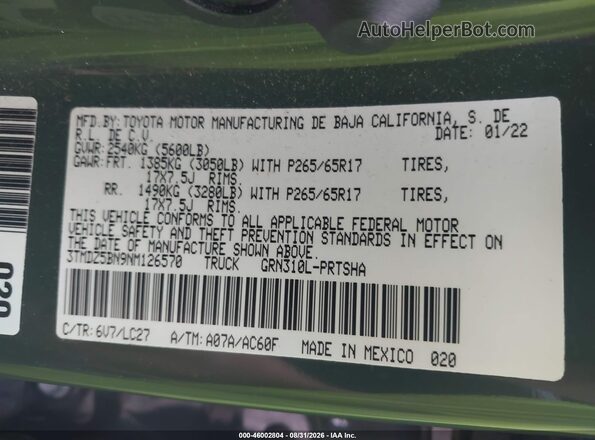 3TMDZ5BN9NM126570 2022 TOYOTA TACOMA Green Вид підкапотного простору