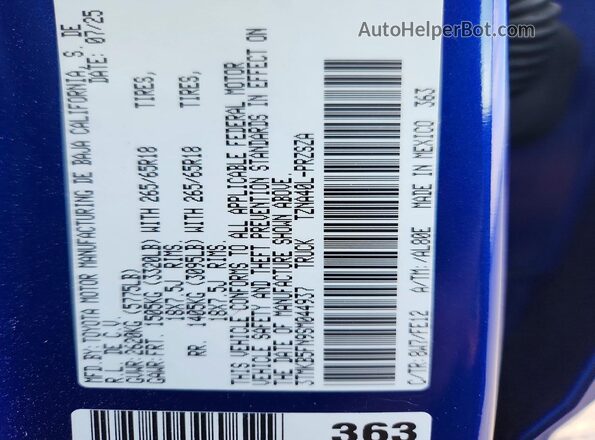 3TMKB5FN9SM044937 2025 TOYOTA TACOMA Blue VIN sticker view