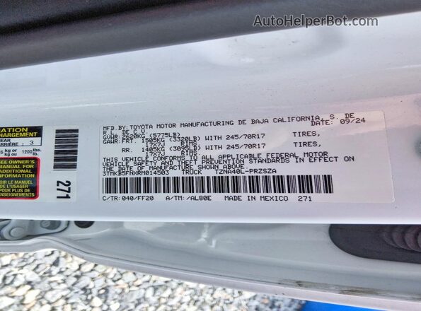 3TMKB5FNXRM014503 2024 TOYOTA TACOMA White VIN კოდის სტიკერის ხედი