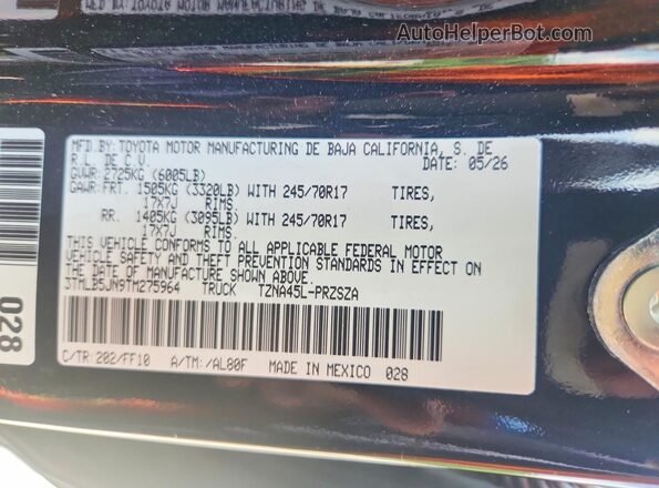 3TMLB5JN9TM275964 2026 TOYOTA TACOMA Black ძრავის განყოფილების ხედი