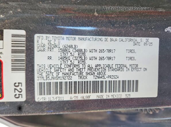3TMLB5JNXSM192722 2025 TOYOTA TACOMA Gray Engine compartment view