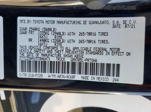 3TYCZ5AN1MT046471 2021 TOYOTA TACOMA Черный Вид подкапотного пространства