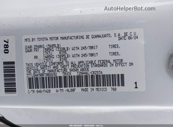 3TYJDAKN0RT002692 2024 TOYOTA TACOMA Белый Вид подкапотного пространства