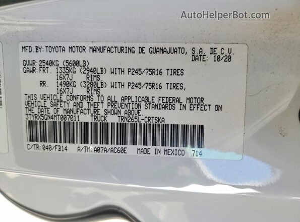 3TYRX5GN4MT007011 2021 TOYOTA TACOMA Белый Вид наклейки с VIN-кодом