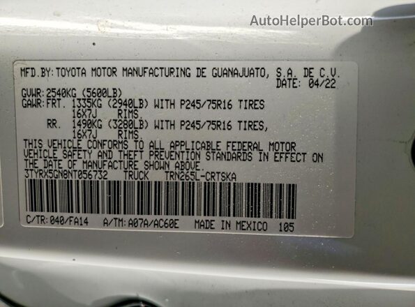 3TYRX5GN8NT056732 2022 TOYOTA TACOMA White Widok naklejki z numerem VIN