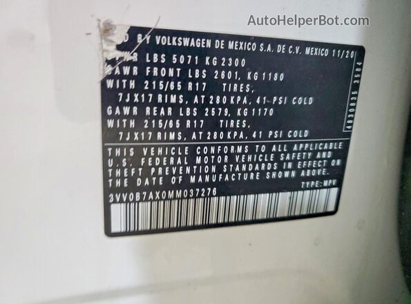 3VV0B7AX0MM037276 2021 VOLKSWAGEN TIGUAN White სალონის 360-გრადუსიანი ხედი