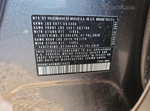 3VV0B7AX0MM078622 2021 VOLKSWAGEN TIGUAN Charcoal Vista del compartimento del motor