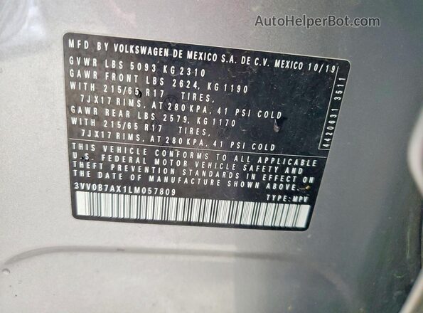 3VV0B7AX1LM057809 2020 VOLKSWAGEN TIGUAN Silver VIN კოდის სტიკერის ხედი