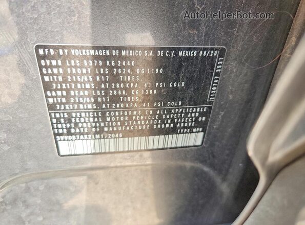 3VV0B7AX2LM172046 2020 VOLKSWAGEN TIGUAN Gray ძრავის განყოფილების ხედი