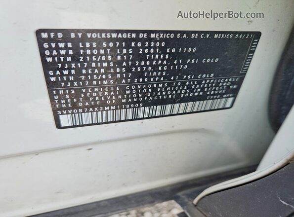 3VV0B7AX2MM118909 2021 VOLKSWAGEN TIGUAN White Панорамний вид салону 360°