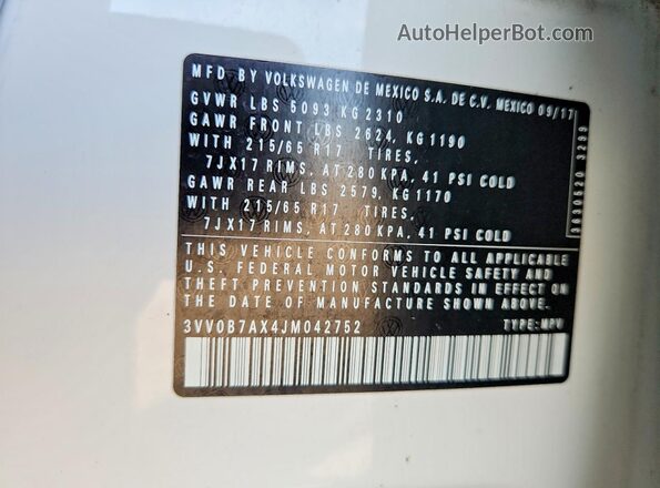 3VV0B7AX4JM042752 2018 VOLKSWAGEN TIGUAN White Widok naklejki z numerem VIN