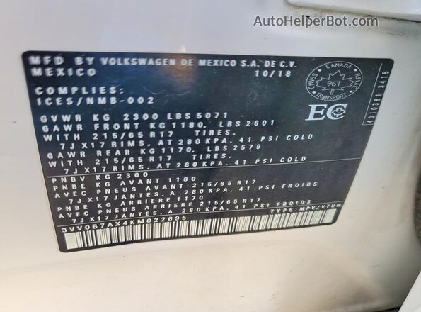 3VV0B7AX4KM022695 2019 VOLKSWAGEN TIGUAN White VIN կոդի պիտակի տեսք