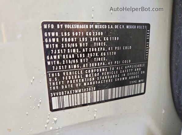 3VV0B7AX7MM103628 2021 VOLKSWAGEN TIGUAN White Սալոնի 360 աստիճան տեսք