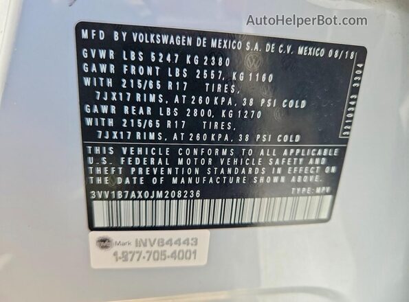 3VV1B7AX0JM208236 2018 VOLKSWAGEN TIGUAN Белый Вид подкапотного пространства