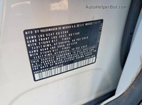 3VV1B7AX1JM082775 2018 VOLKSWAGEN TIGUAN Белый Вид наклейки с VIN-кодом