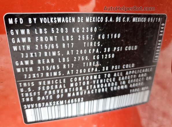 3VV1B7AX2KM146582 2019 VOLKSWAGEN TIGUAN Orange Vista de la etiqueta del VIN