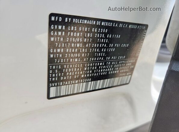3VV1B7AX3KM193006 2019 VOLKSWAGEN TIGUAN White Vista de la etiqueta del VIN