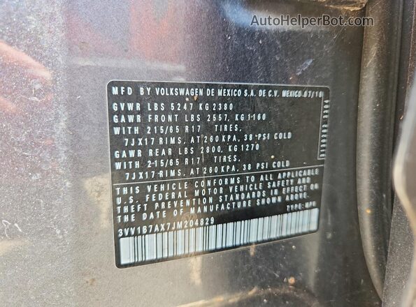 3VV1B7AX7JM204829 2018 VOLKSWAGEN TIGUAN Gray სალონის 360-გრადუსიანი ხედი