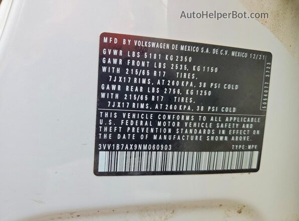 3VV1B7AX9NM060903 2022 VOLKSWAGEN TIGUAN White VIN sticker view