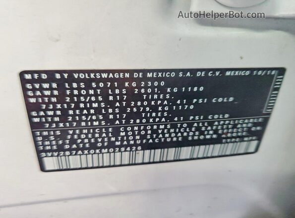 3VV2B7AX0KM029426 2019 VOLKSWAGEN TIGUAN Белый Вид наклейки с VIN-кодом