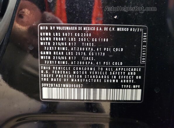 3VV2B7AX1MM095857 2021 VOLKSWAGEN TIGUAN Black VIN sticker view