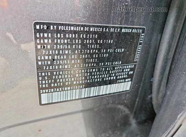 3VV2B7AX1NM115297 2022 VOLKSWAGEN TIGUAN Gray VIN sticker view