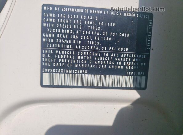 3VV2B7AX1NM129068 2022 VOLKSWAGEN TIGUAN White VIN կոդի պիտակի տեսք