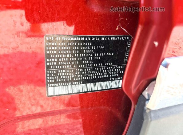 3VV2B7AX2JM160534 2018 VOLKSWAGEN TIGUAN Red VIN sticker view