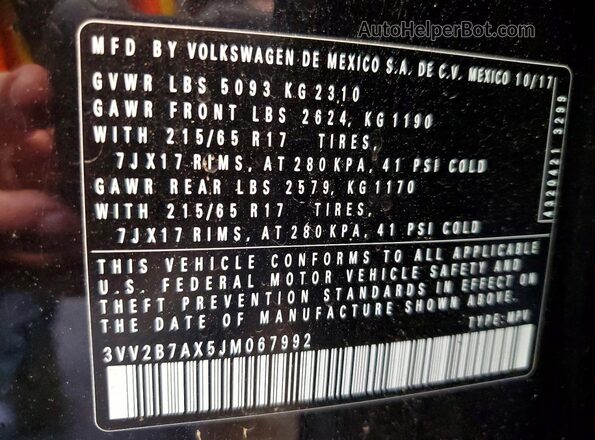 3VV2B7AX5JM067992 2018 VOLKSWAGEN TIGUAN Черный Вид наклейки с VIN-кодом