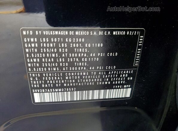 3VV2B7AX5MM078592 2021 VOLKSWAGEN TIGUAN Black VIN კოდის სტიკერის ხედი