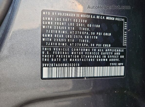 3VV2B7AX6RM202019 2024 VOLKSWAGEN TIGUAN Gray 360 interior view
