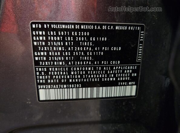 3VV2B7AX7KM198293 2019 VOLKSWAGEN TIGUAN Gray VIN sticker view